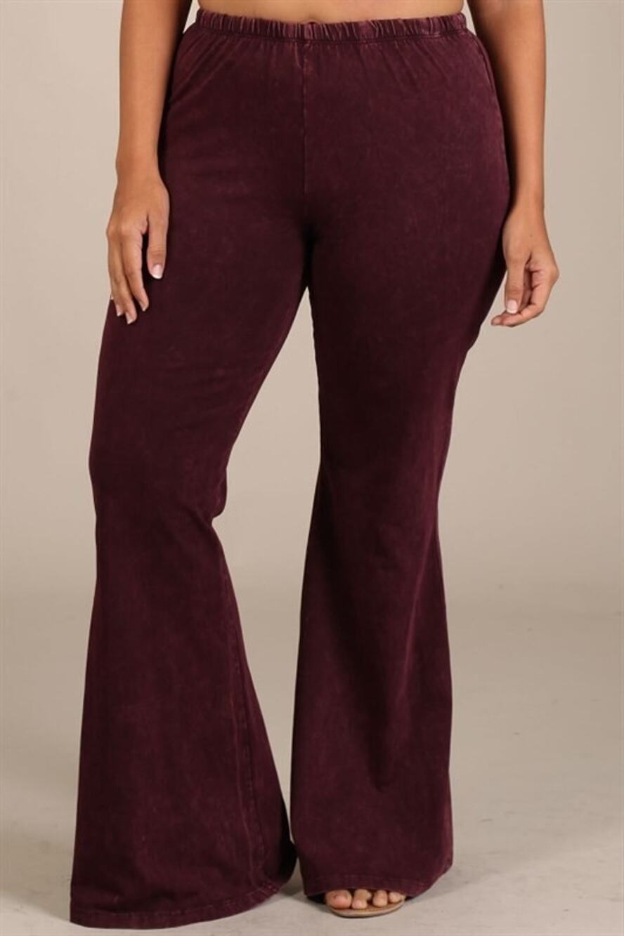 Chatoyant Plus Size Mineral Wash Bell Bottoms Burgundy 2XL